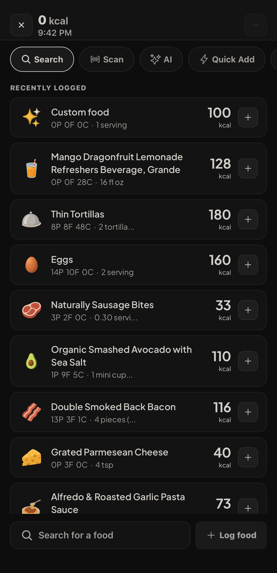 Nutoro food search with previously logged foods ranked first