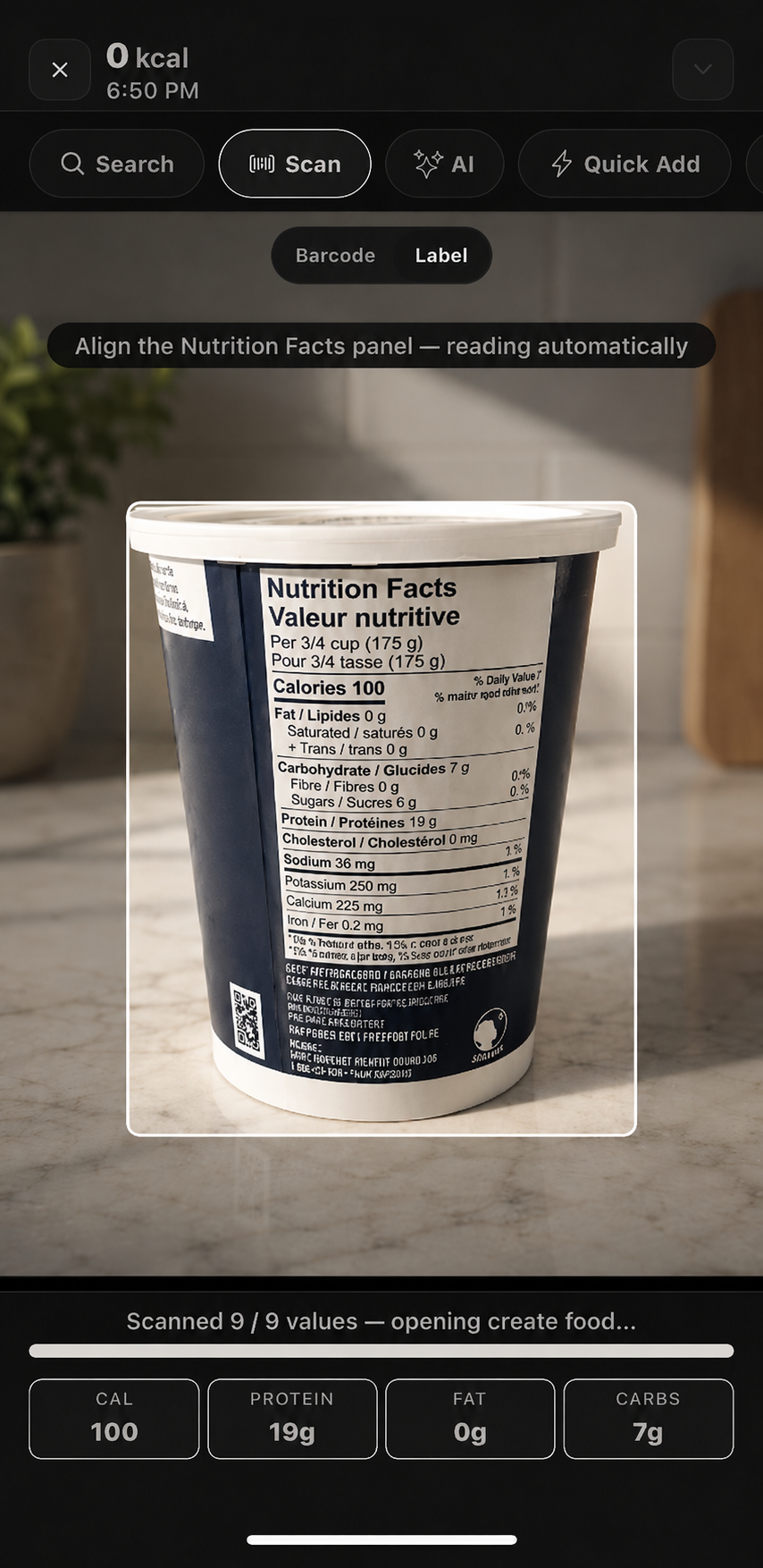 Nutoro nutrition label OCR scanning a yogurt Nutrition Facts panel