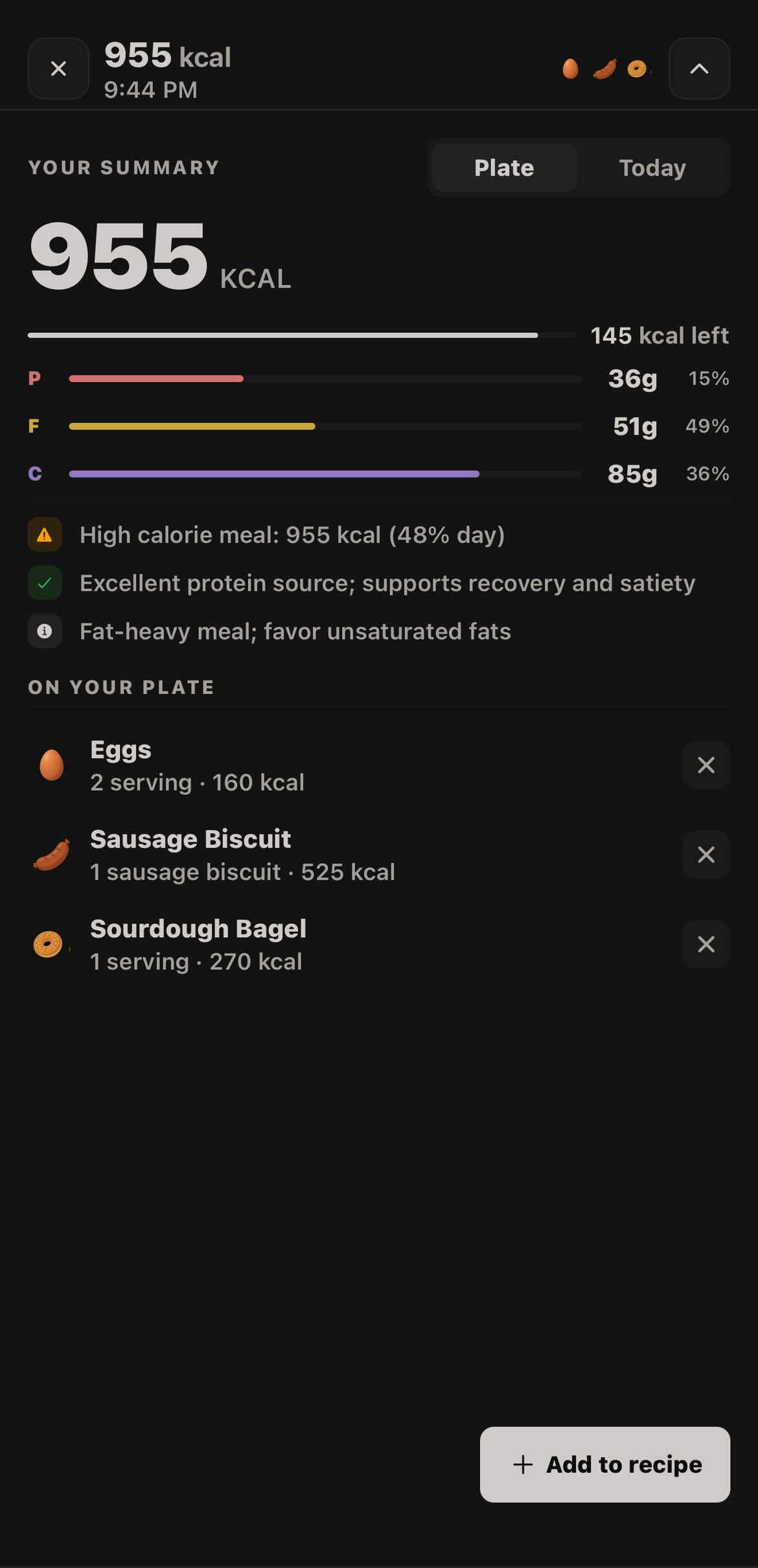 Nutoro plate summary showing meal totals before logging